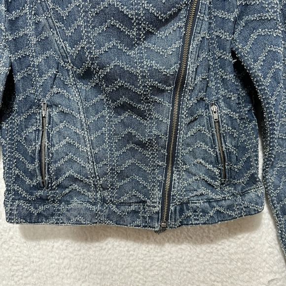Free People Punched Denim Moto Jacket Herringbone Blue Jean Biker Women's Size 4 - Picture 7 of 14